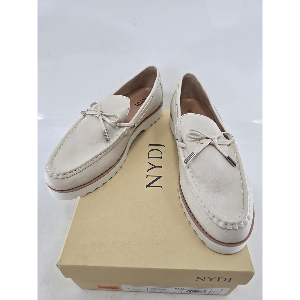 NYDJ OLSAN08 Nappa Loafers Womens 9.5 Off White Leather Bow Flats - New